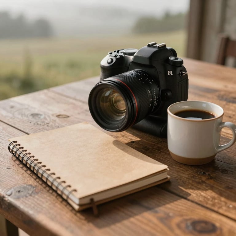 Atmospheric shot of a wooden table on a farm with a DSLR camera, a rustic notebook, and a ceramic mug of coffee, soft morning light