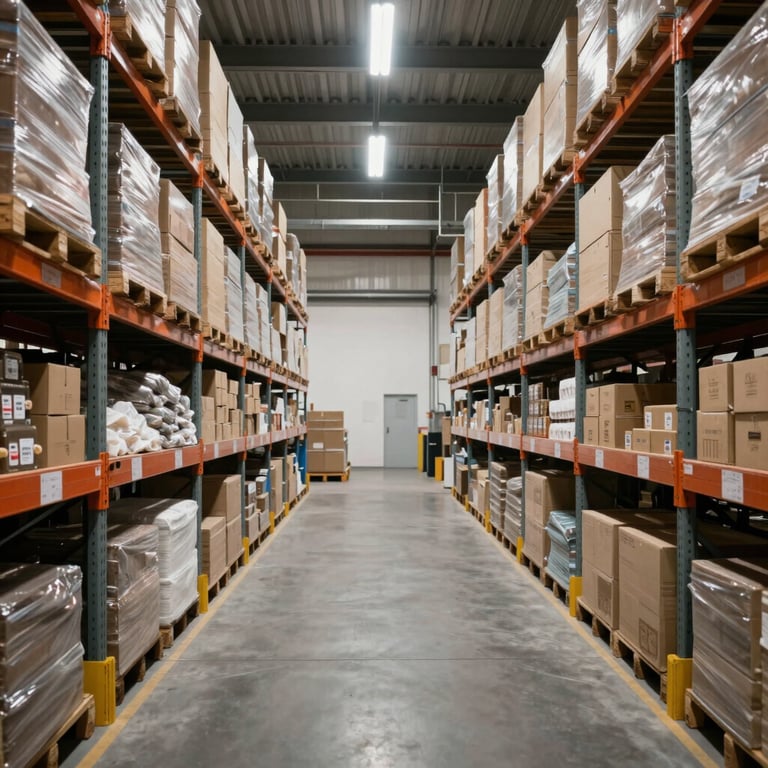 Interior of a clean, modern warehouse in a Lusophone Internacional port area, organized crates and soft overhead lighting.
