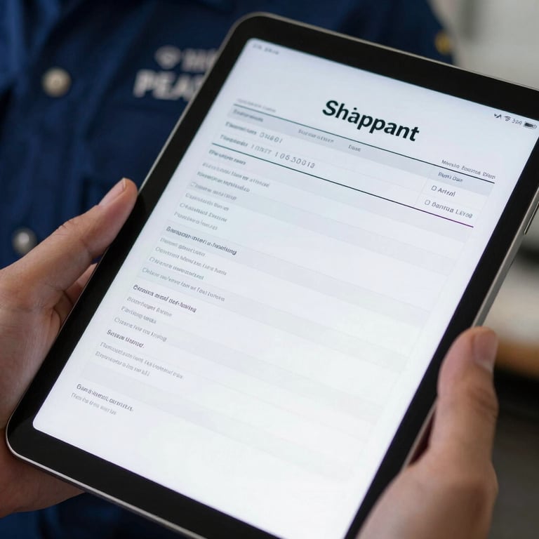 Close-up of a digital shipping manifest on a tablet held by a professional in a navy uniform.