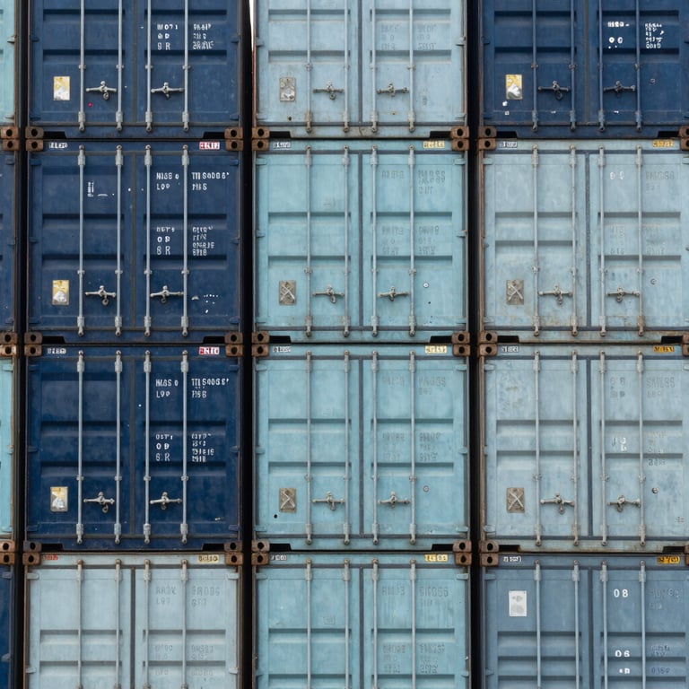Details of steel shipping containers stacked in a rhythmic pattern, showcasing navy and light blue colors.