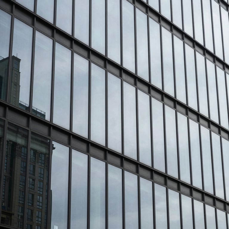 Abstract architectural shot of a modern glass office building reflecting a light grey sky.