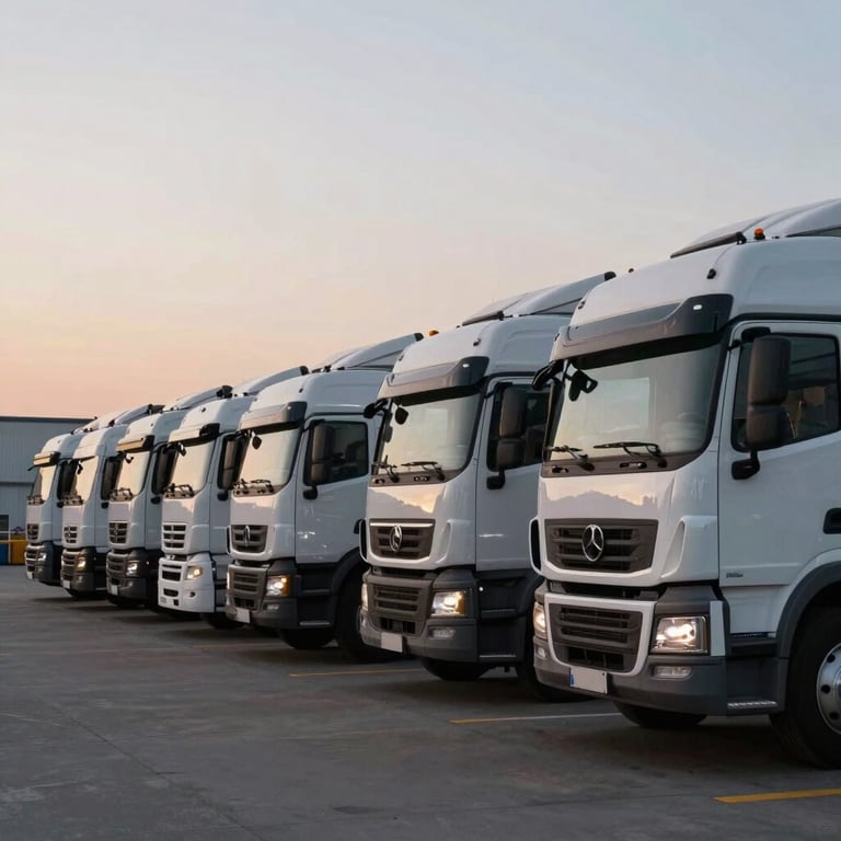 A fleet of logistics trucks parked in perfect alignment at a distribution center during dusk.