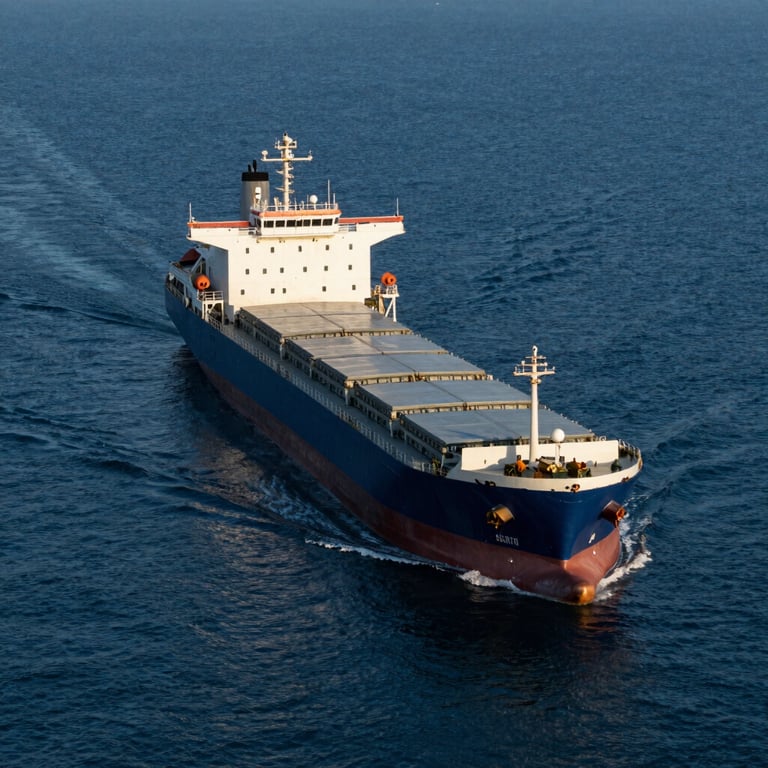 High-angle shot of a cargo ship navigating deep blue waters, early morning lighting, minimalist composition.