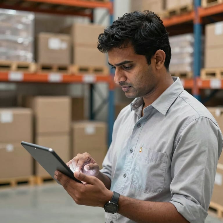 A South Asian / Indian logistics professional checking a tablet with a GPS tracking map, in a clean warehouse setting.