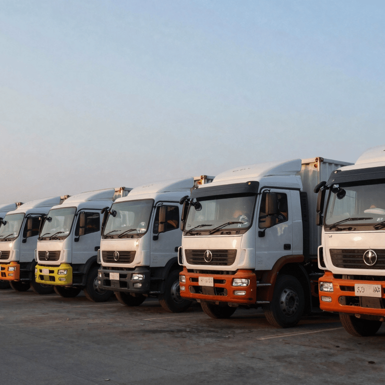 A fleet of steel blue transport trucks lined up in a modern South Asian / Indian logistics hub, morning light.