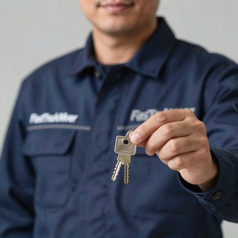Close-up of a FastTrackMovers driver in a professional dark slate blue uniform, holding a set of keys with a smile.