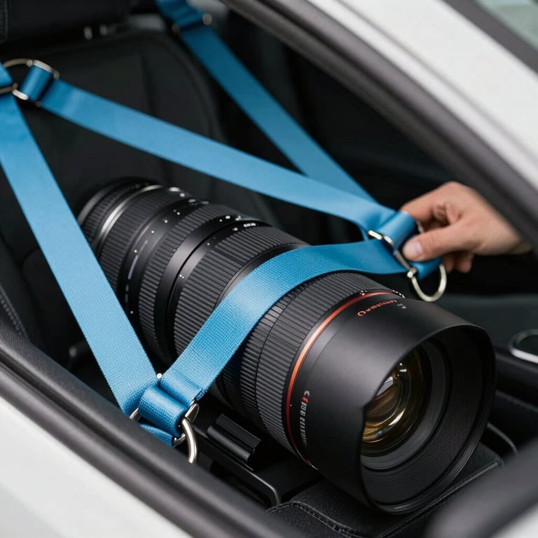 A close-up of a high-end car being secured with sky blue straps inside an enclosed carrier, professional focus.