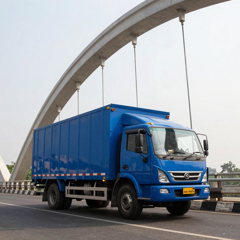 A steel blue truck crossing a modern bridge in a major South Asian / Indian city like Mumbai, wide-angle shot.