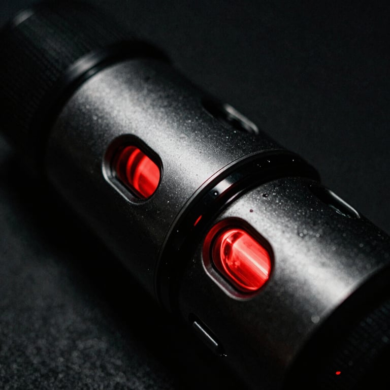 High-contrast commercial film still, low-key dramatic lighting, extreme close-up of a sleek metallic product reflecting sharp red studio lights, deep shadows, 35mm grain