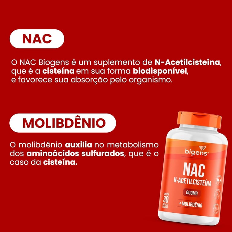Suplemento NAC N-Acetilcisteína 600mg com Molibdênio Biogens em frasco sobre fundo vermelho.