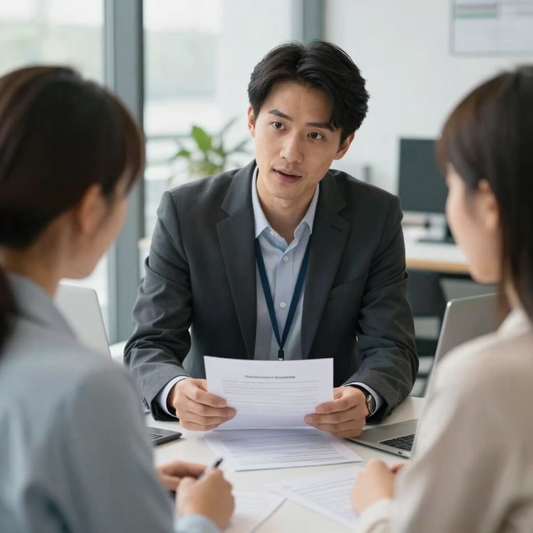 A professional consultant guiding a candidate through a document homologation process in a bright office.