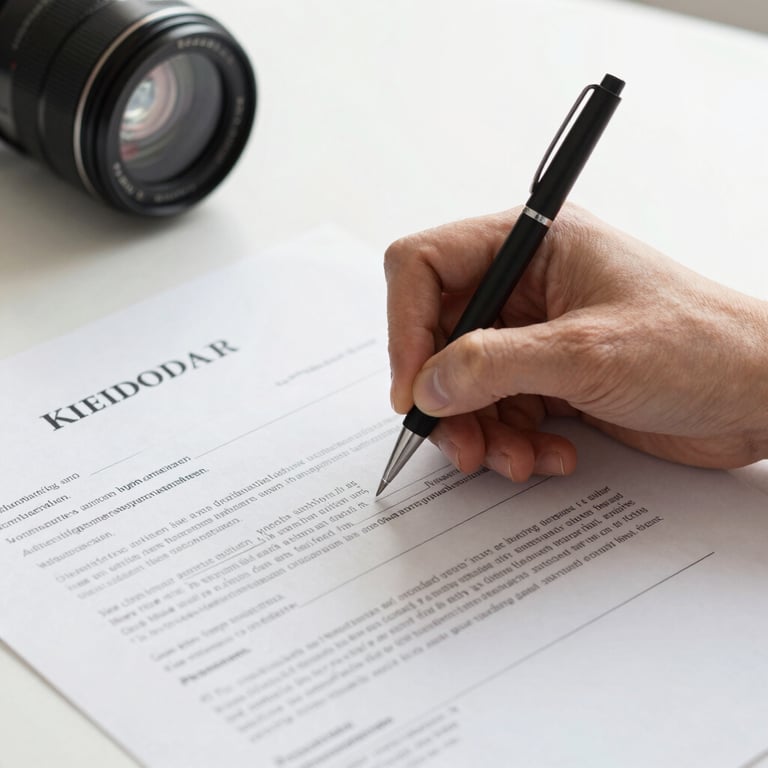 Detailed photography of a hand signing an official German employment contract on a clean desk.