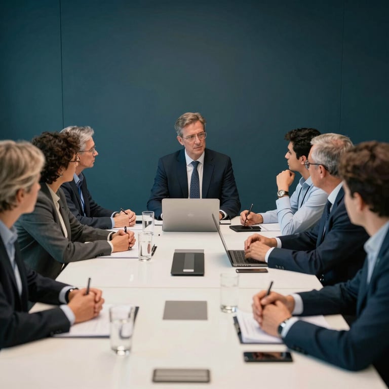 A group of professionals in an Iberian conference room discussing career paths, professional atmosphere, dark teal and off-white color scheme.