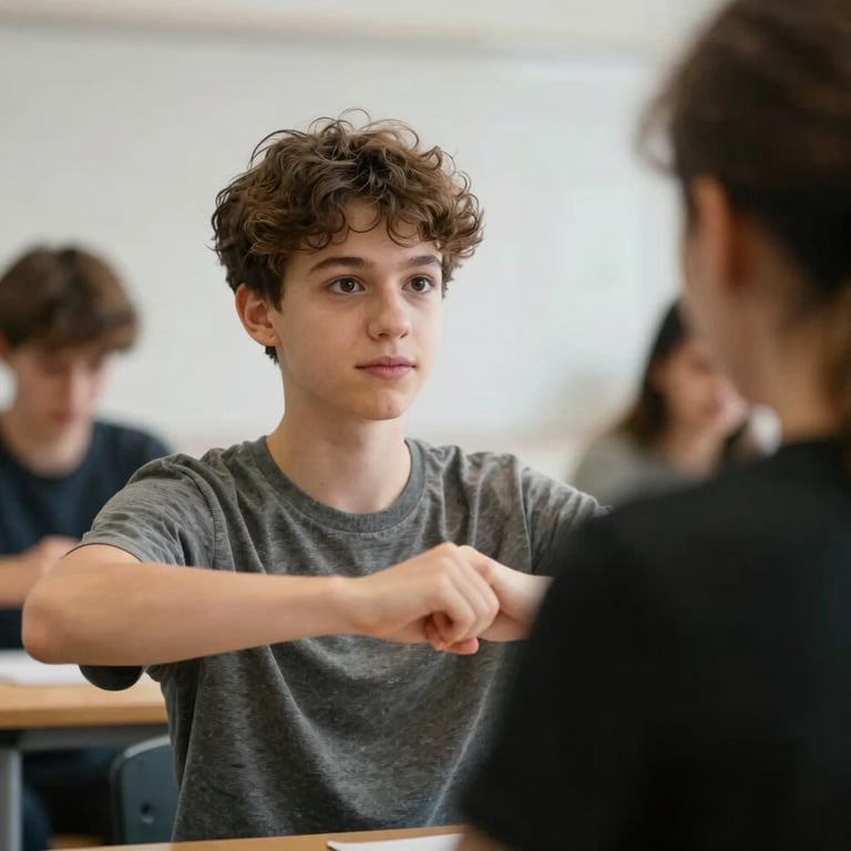 A student practicing professional German with a tutor, focused and empowered expression, soft lighting.