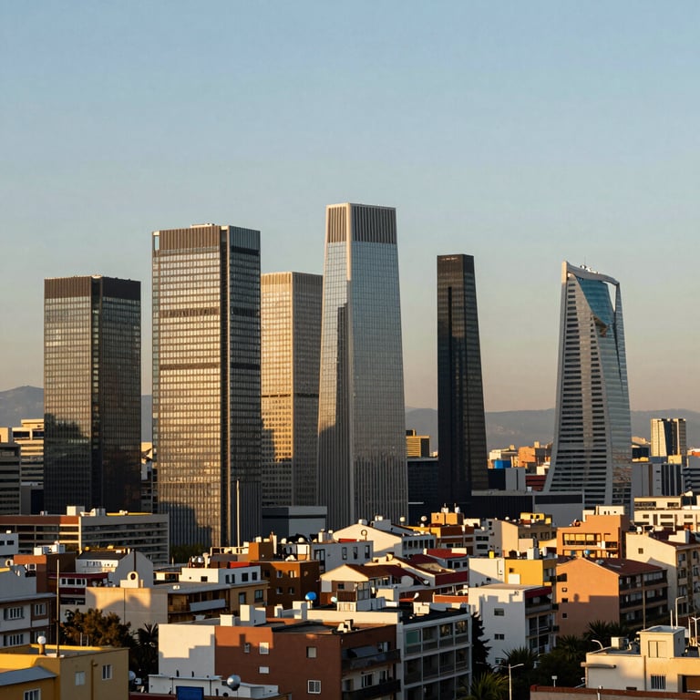 Skyline of a modern business district in an Iberian city, representing growth and professional integration.