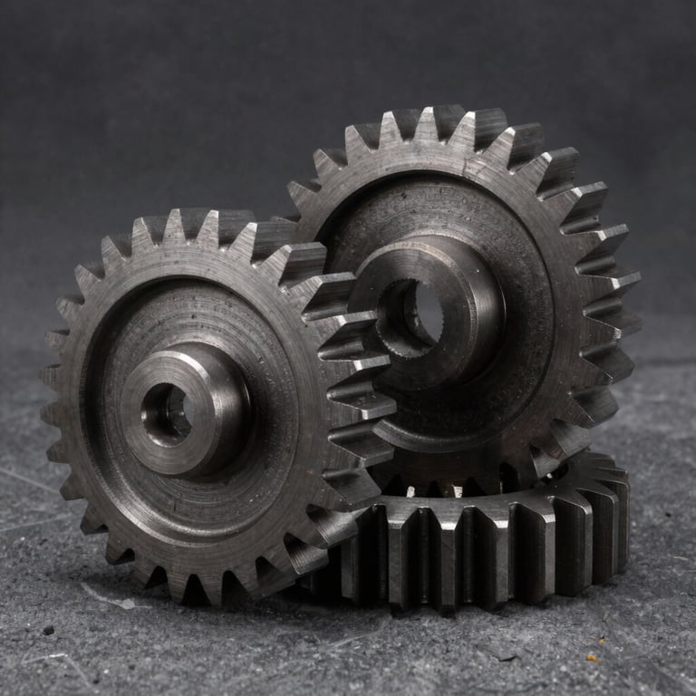 Macro studio shot of heavy-duty steel gears with metallic highlights, dark concrete background, industrial product photography