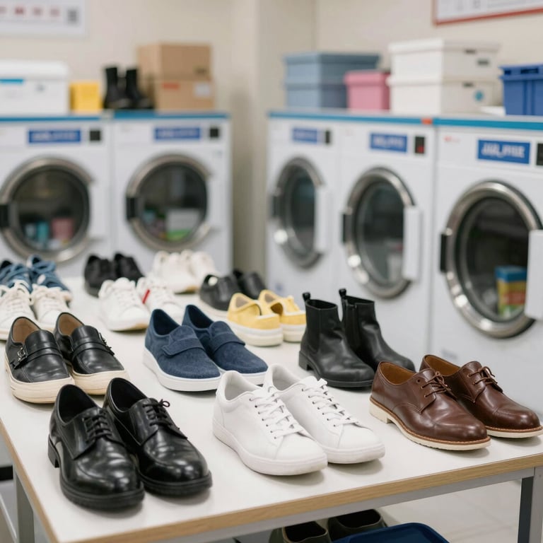 A friendly staff member carefully folding freshly cleaned clothes in a bright, modern laundromat.