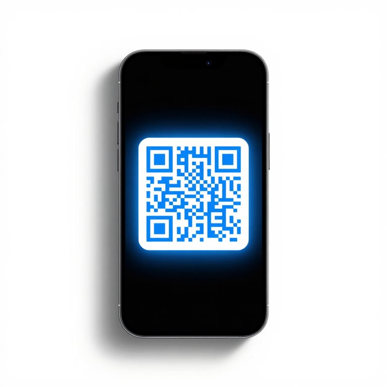 A high-fidelity minimalist QR code graphic framed on a dark smartphone screen, glowing electric blue accents, clean studio lighting