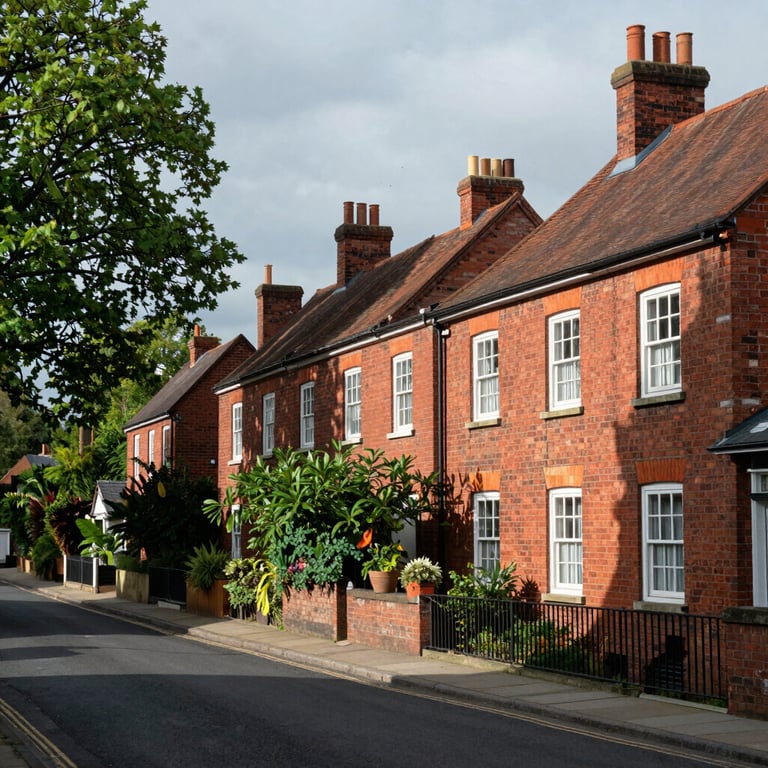 A view of red brick houses in Hartford, Cheshire, under soft natural daylight, with green trees lining the quiet street.