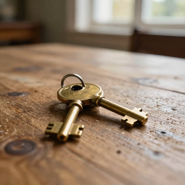 Close-up of brass house keys on a rustic oak table in a warm, naturally lit Cheshire home, shallow depth of field.