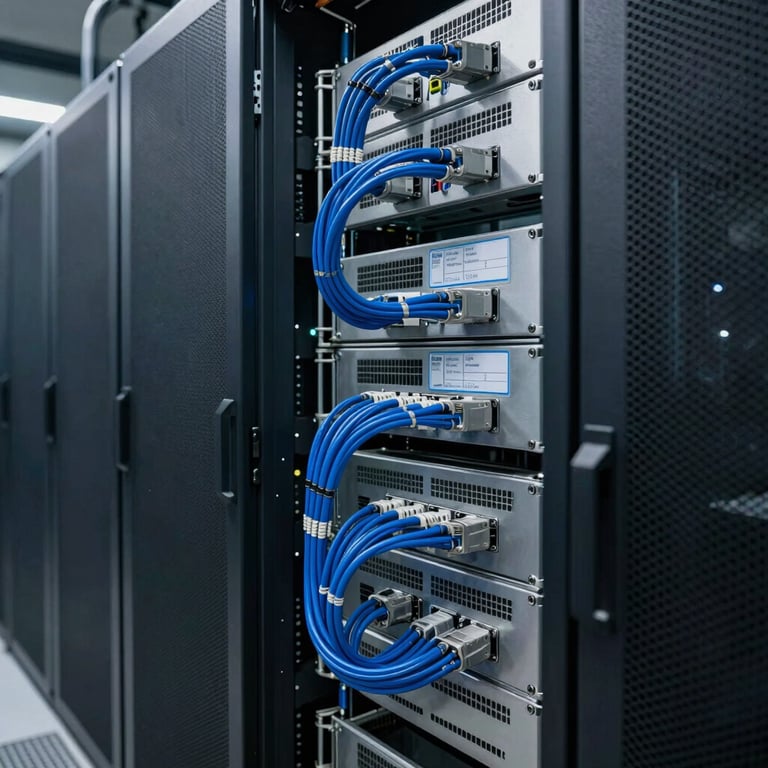 Modern IT infrastructure server room with deep blue cables and professional cooling systems in a Global Business data center.