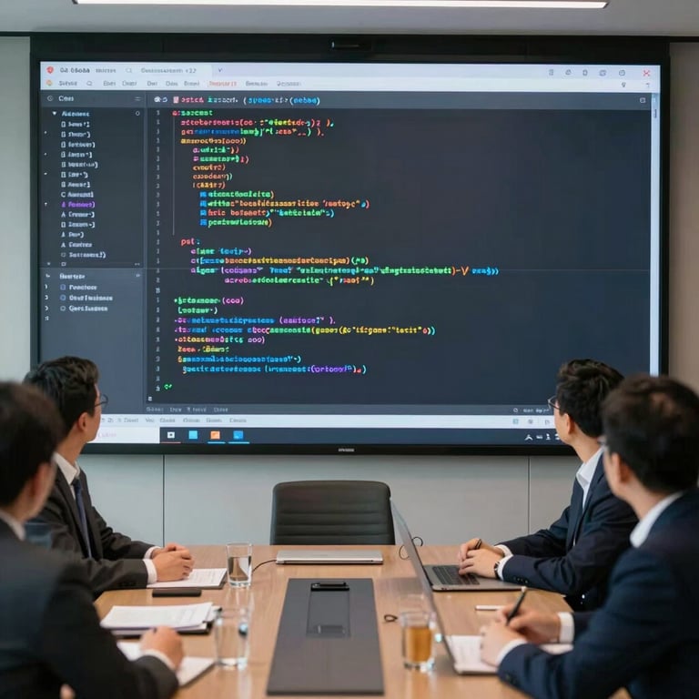 A high-tech presentation screen showing code in a Global Business boardroom with professionals in sharp attire.