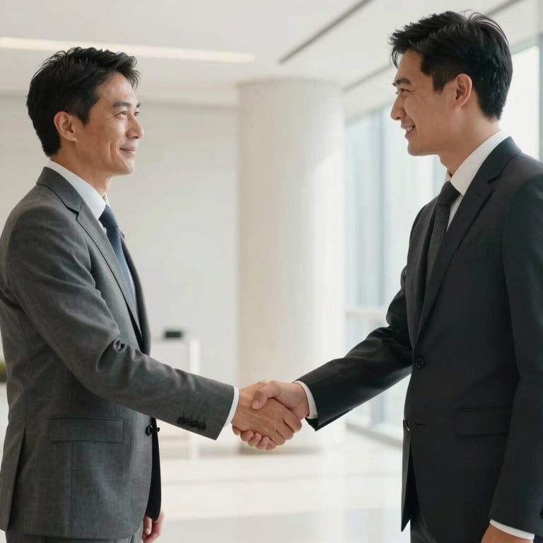 Business leaders shaking hands in a bright, soft off-white minimalist lobby in a Global Business financial district.