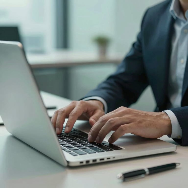 Close-up of a consultant working on a sleek laptop in a Global Business office environment with sky greenish blue office stationery.