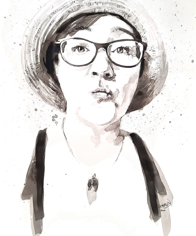 Illustration au lavis d'un portrait d'une personne portant des lunettes et un chapeau de soleil.