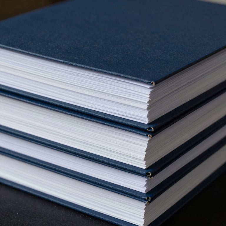 A stack of clean, white documents neatly organized in a midnight navy folder.