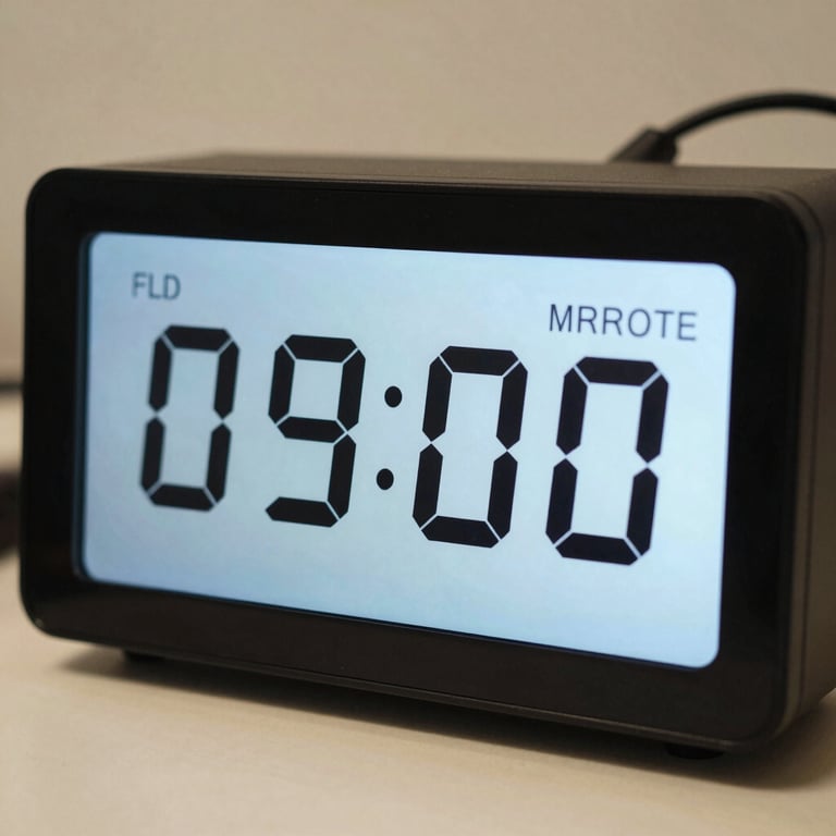 A close-up of a professional digital clock on a desk showing precise timing with a pale sky blue display.