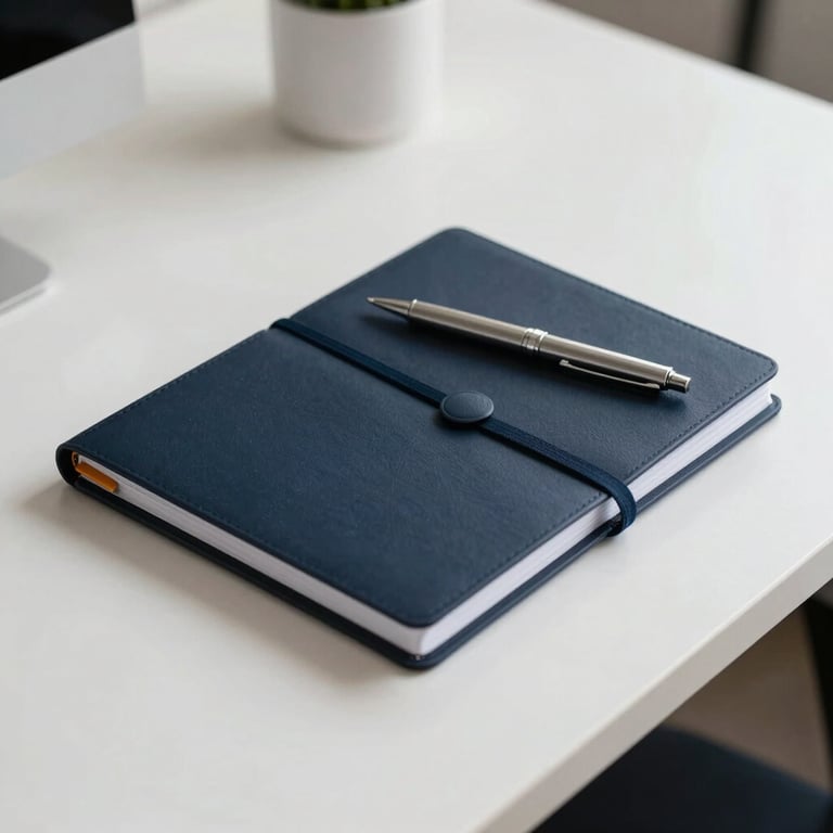 A minimalist desk with a neat midnight navy planner and a silver pen in a North American / US office.