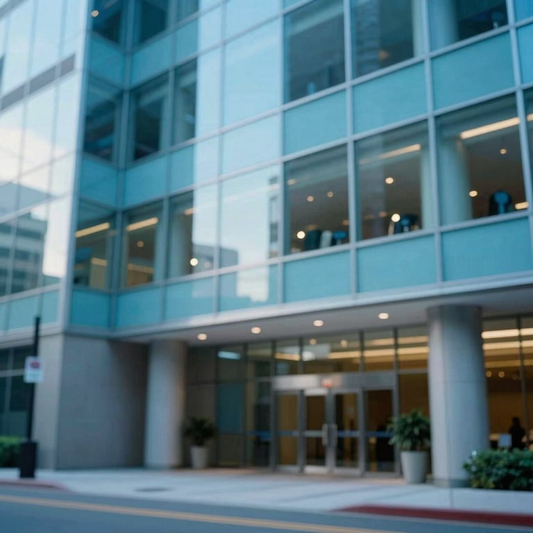 A blurred background of a modern North American / US corporate lobby with bright azure blue glass features.
