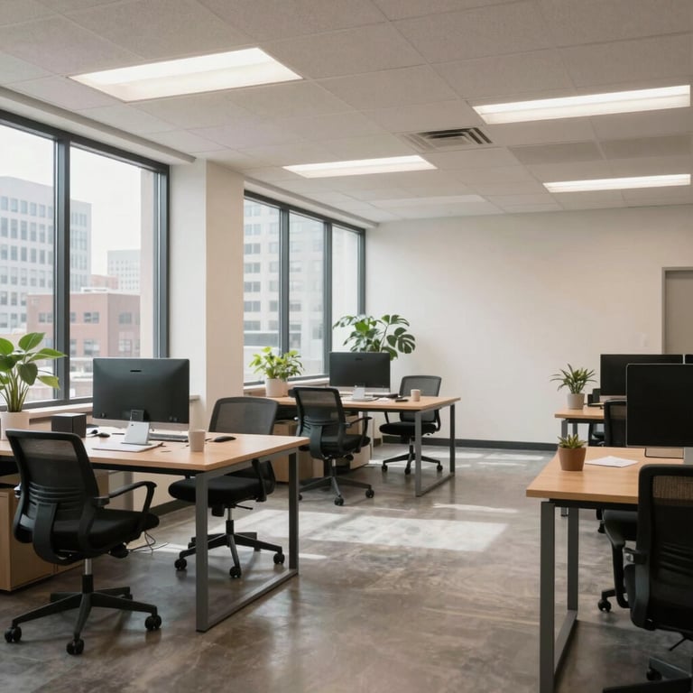 A wide shot of a clean, bright, and organized co-working space in a North American / US city.