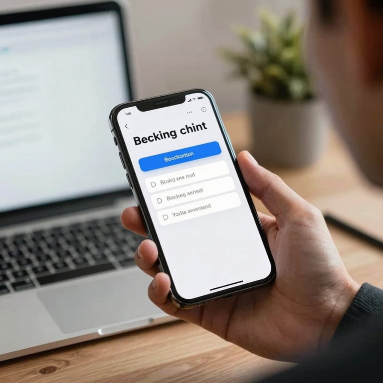 A sleek smartphone showing a booking confirmation notification, held by a professional in a North American / US workspace.
