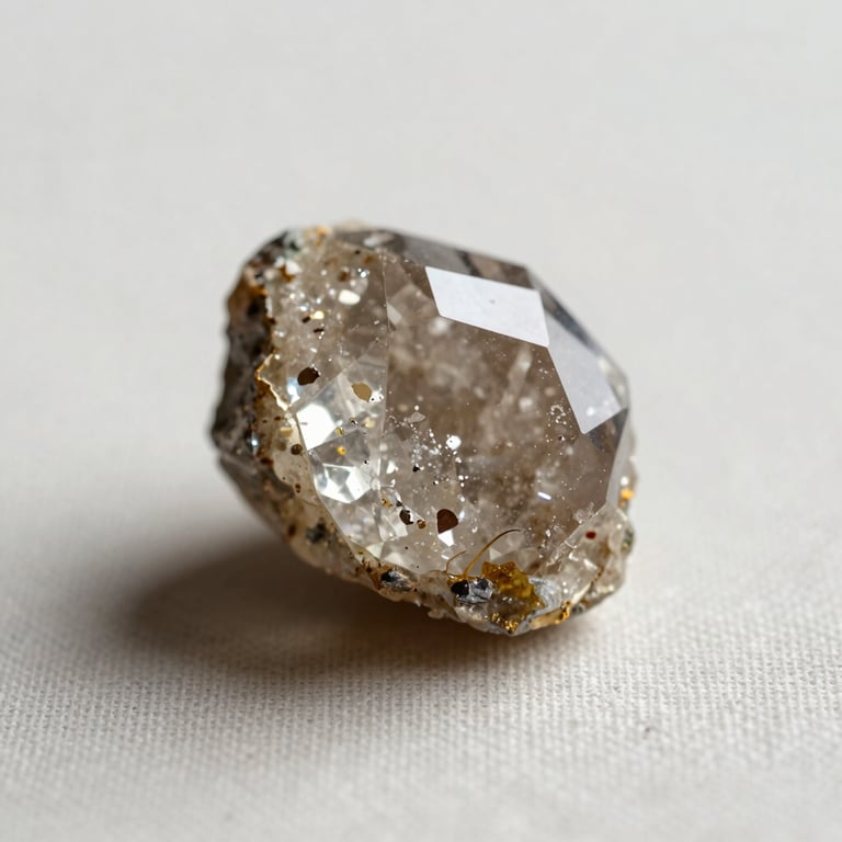 Single raw crystal specimen placed on a plain pale linen surface, soft north-facing studio light illuminating its facets, no props, extreme close-up showing mineral texture and colour