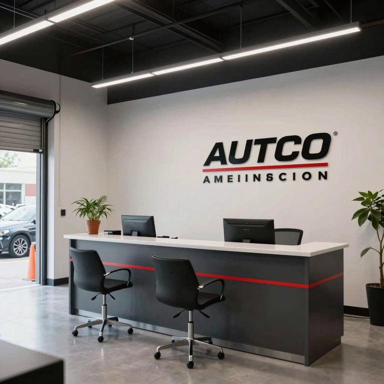 Interior view of a modern, clean customer reception area of an auto shop in North American / US style.
