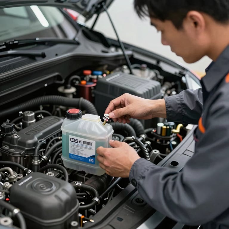 A technician checking transmission fluid levels on a modern vehicle, professional setting, slate grey and orange palette.