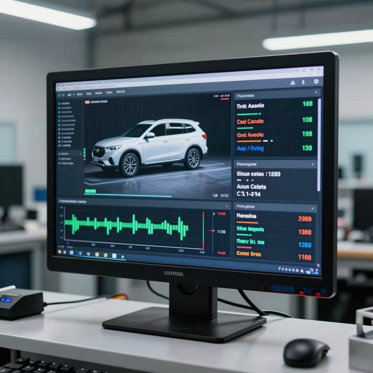 High-end diagnostic screen displaying vehicle health data in a modern repair facility.