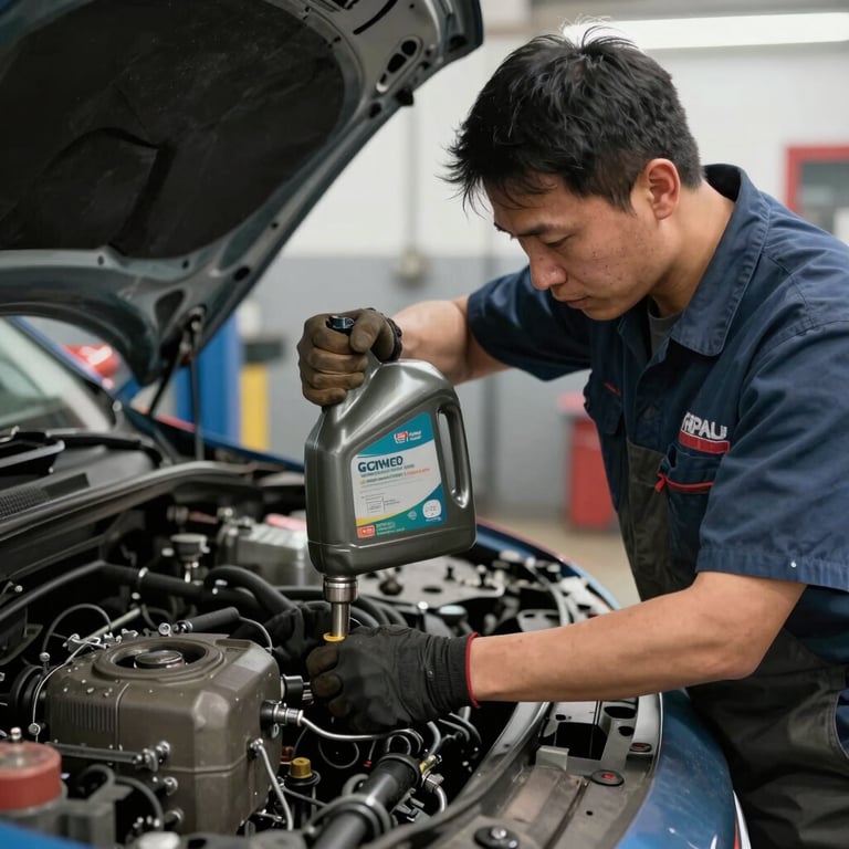 A mechanic performing a precision oil change in a professional North American / US garage, clean and efficient lighting.