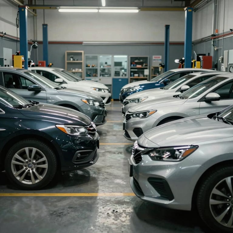 A row of cars being serviced in clean, organized bays of a professional automotive shop, North American / US.