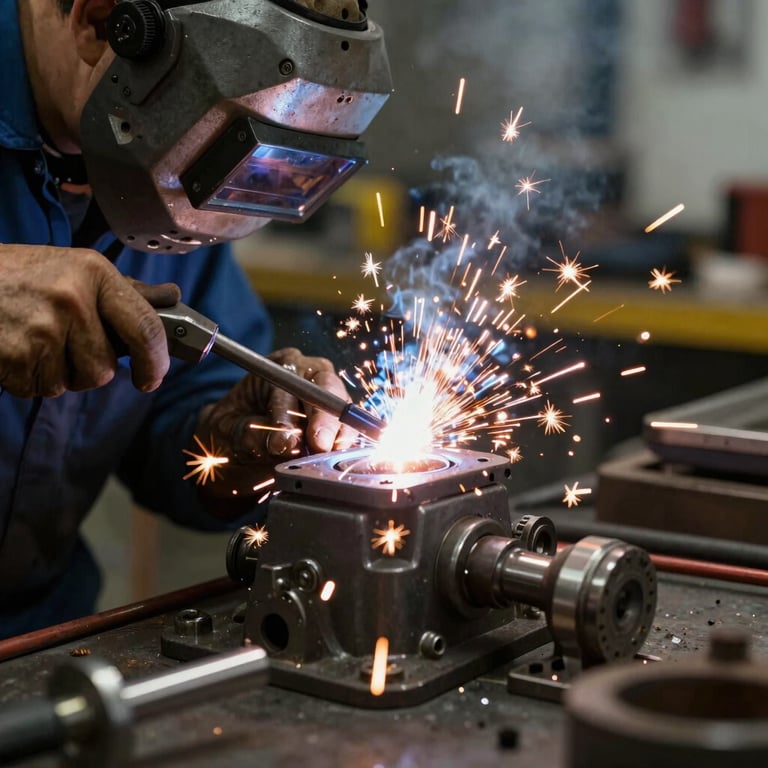 Close-up of mechanical welding service with bright sparks, showing high-quality craftsmanship in a repair shop.