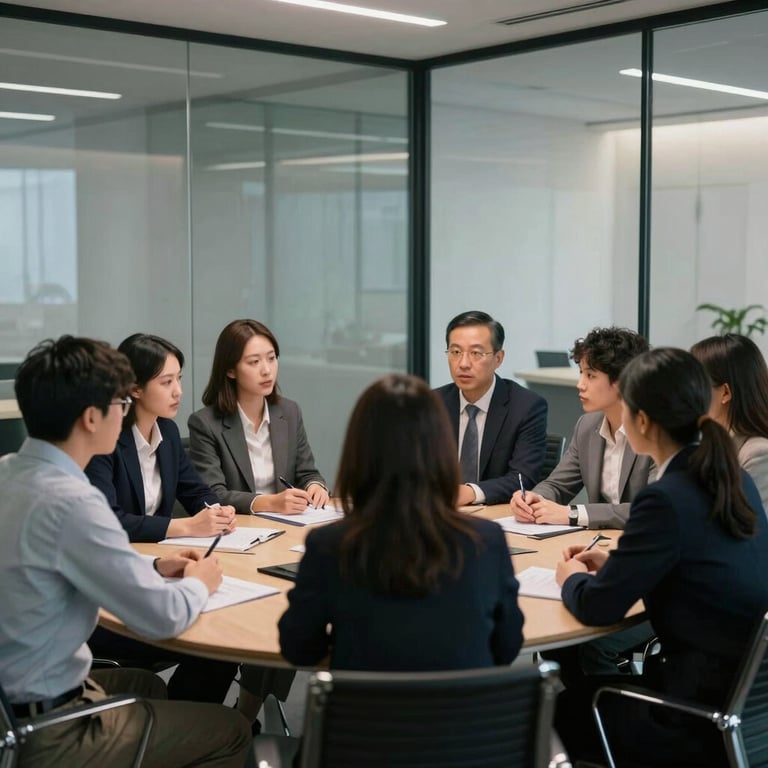 A stylish glass-walled conference room with a professional team discussing strategy around a table.
