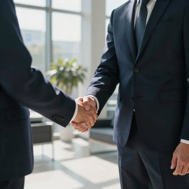 Two business professionals in a sunlit lobby, shaking hands, one wearing a Dark Navy tailored suit.