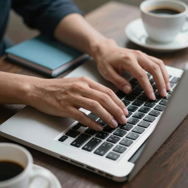 Close-up of hands typing on a laptop, with a Light Greyish Blue notebook and a cup of coffee nearby.