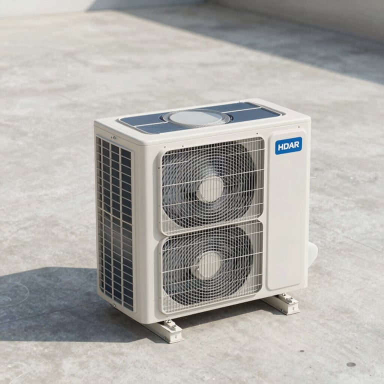 A bright, professional photo of a new high-efficiency AC condenser installed on a clean concrete pad.