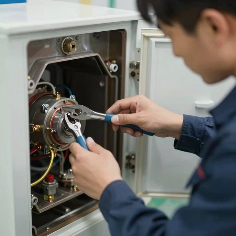 A technician carefully adjusting internal components of a furnace with specialized tools.