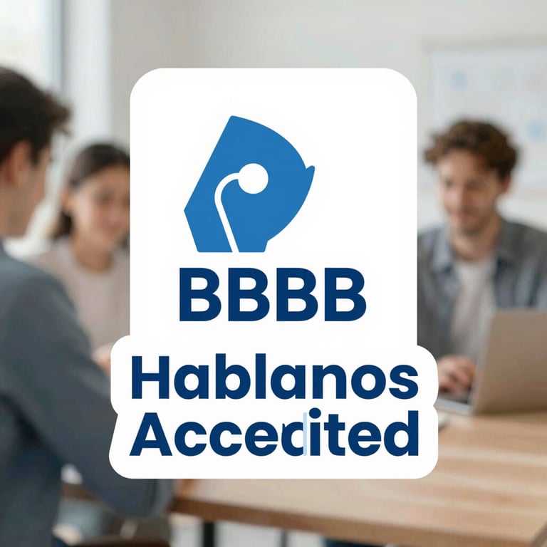 A clean, modern graphic representation of the BBB Accredited seal and 'Hablamos Español' text in brand colors.