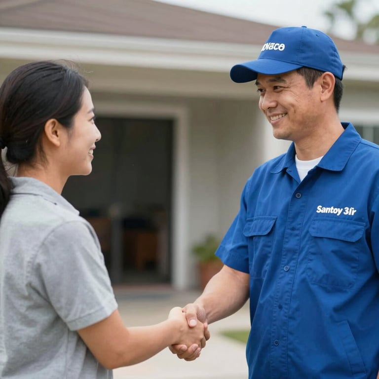 A Santoy's Air service technician shaking hands with a smiling Waco homeowner.