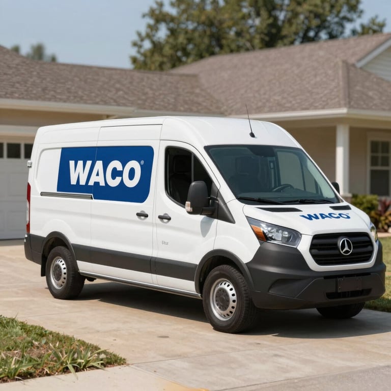 A service van with professional branding parked in a residential Waco driveway.
